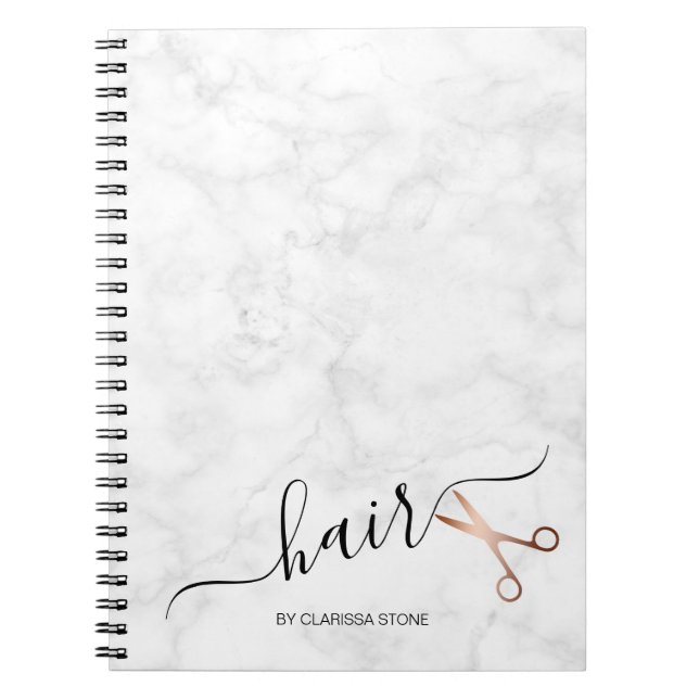 Elegant modern rose gold scissors hairstylist notebook (Front)