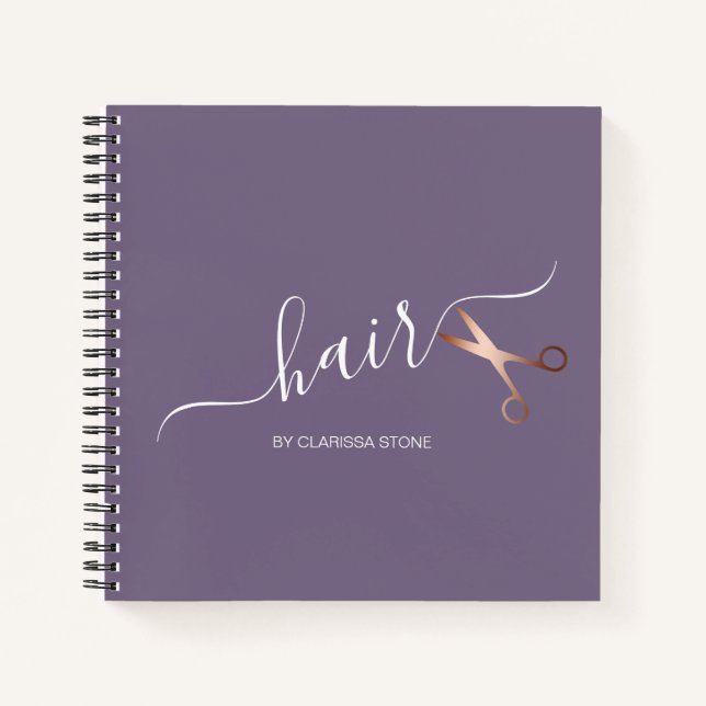 Elegant modern rose gold scissors hairstylist notebook (Front)