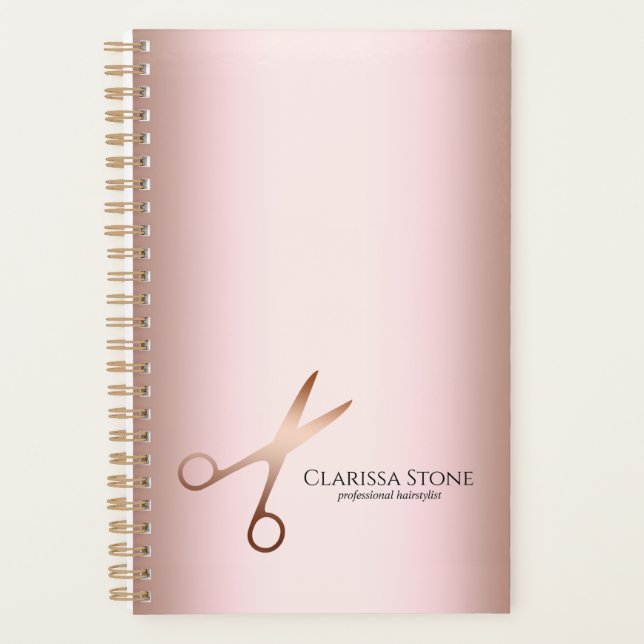 Elegant modern rose gold scissors hairstylist planner (Front)
