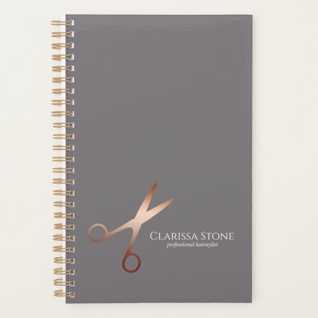 Elegant modern rose gold scissors hairstylist planner (Front)