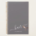 Elegant modern rose gold scissors hairstylist planner<br><div class="desc">Modern and elegant design for hairstylists with faux rose gold scissors,  elegant calligraphy font and grey background.</div>