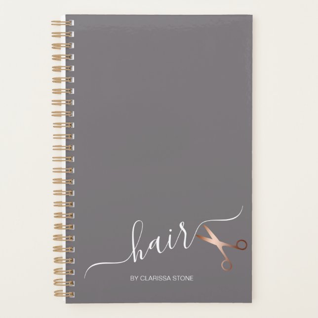Elegant modern rose gold scissors hairstylist planner (Front)