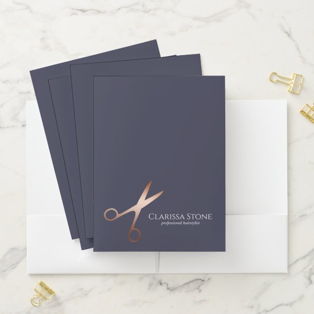 Elegant modern rose gold scissors hairstylist pocket folder (In Situ)