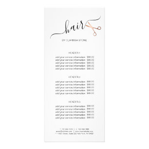 Elegant modern rose gold scissors hairstylist rack card