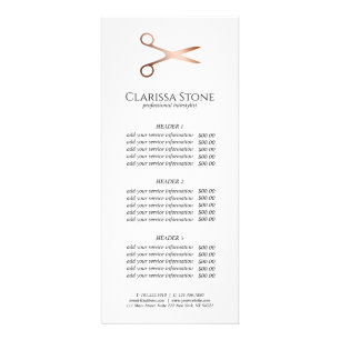 Elegant modern rose gold scissors hairstylist rack card