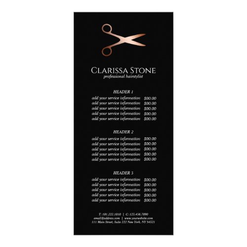 Elegant modern rose gold scissors hairstylist rack card