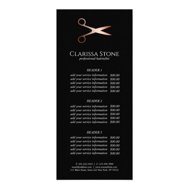 Elegant modern rose gold scissors hairstylist rack card (Front)