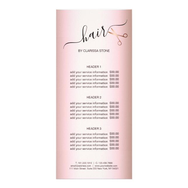Elegant modern rose gold scissors hairstylist rack card (Front)