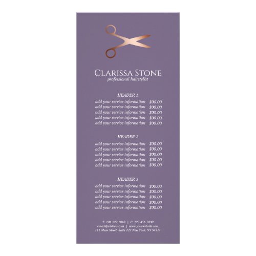 Elegant modern rose gold scissors hairstylist rack card