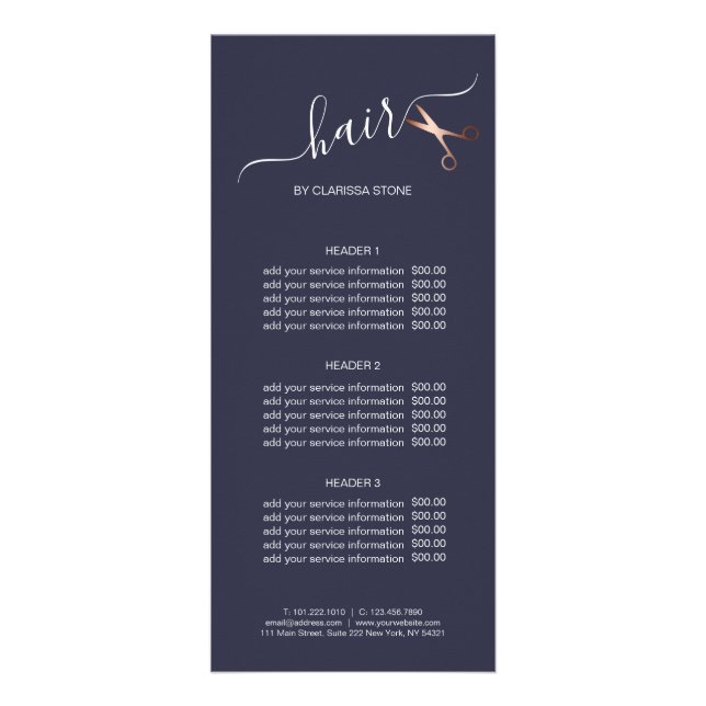 Elegant modern rose gold scissors hairstylist rack card (Front)