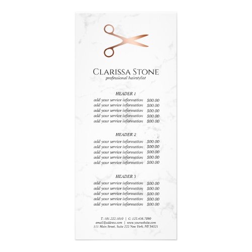 Elegant modern rose gold scissors hairstylist rack card