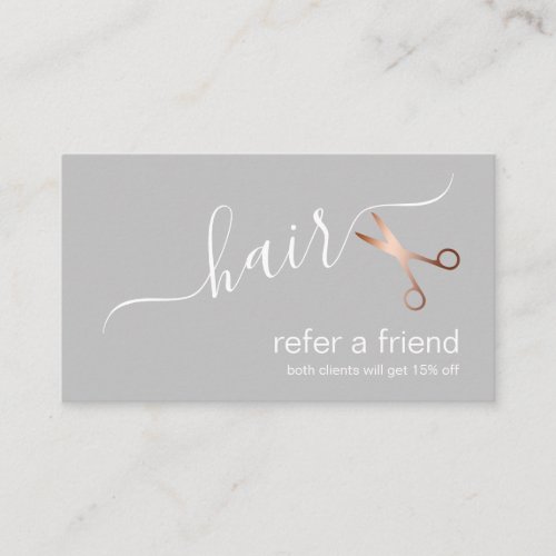 Elegant modern rose gold scissors hairstylist referral card