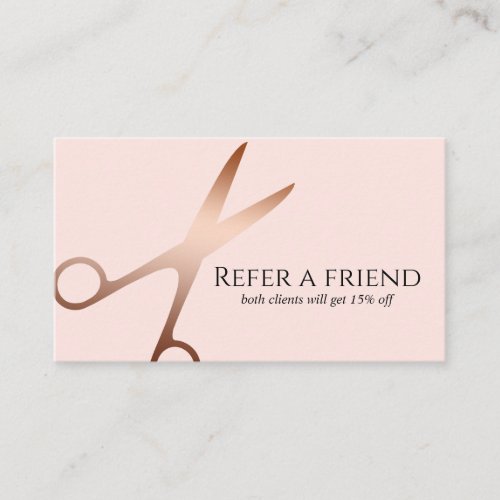 Elegant modern rose gold scissors hairstylist referral card