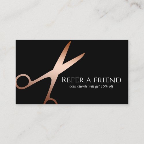 Elegant modern rose gold scissors hairstylist referral card