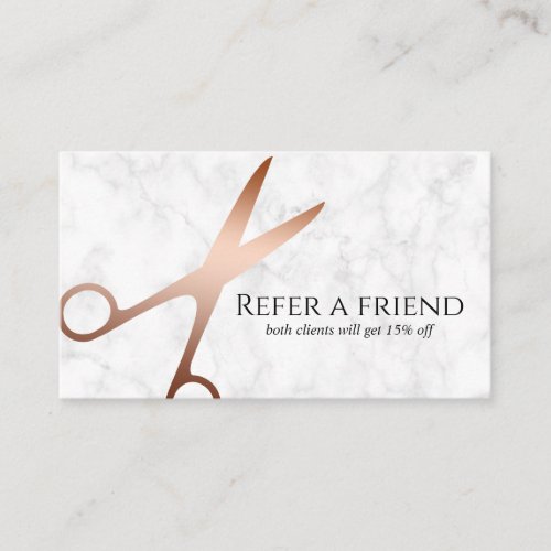 Elegant modern rose gold scissors hairstylist referral card