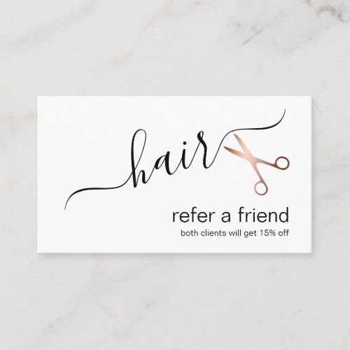 Elegant modern rose gold scissors hairstylist referral card