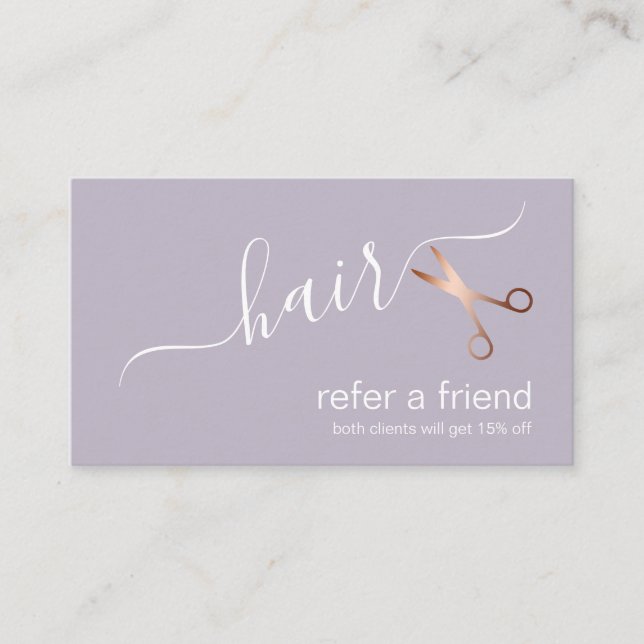 Elegant modern rose gold scissors hairstylist referral card (Front)