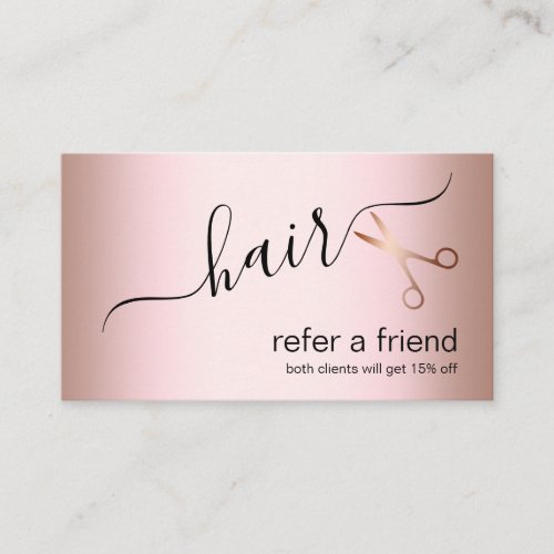 Elegant modern rose gold scissors hairstylist referral card