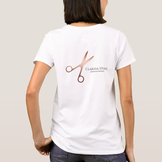 Elegant modern rose gold scissors hairstylist T-Shirt (Back)
