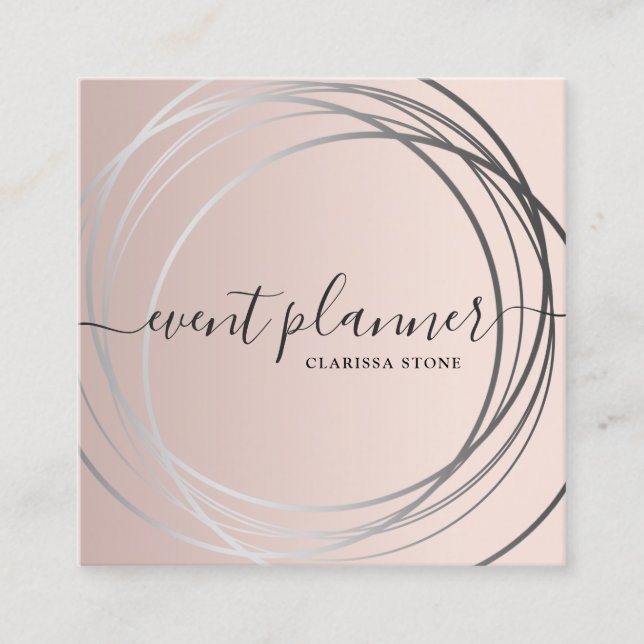 Elegant modern rose gold & silver event planner  square business card (Front)