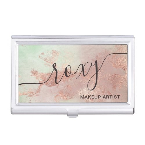 Elegant modern rose gold watercolor makeup artist business card case