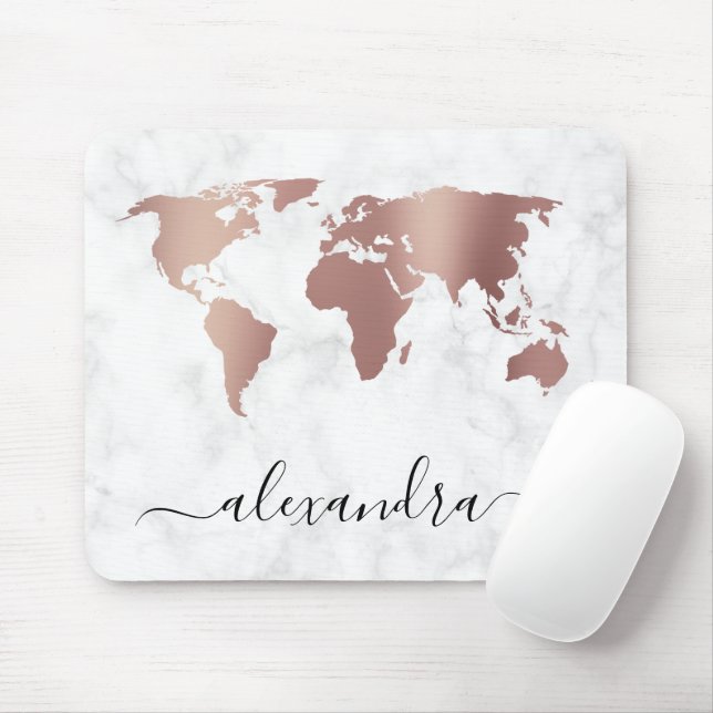 Elegant modern rose gold white marble world map mouse pad (With Mouse)