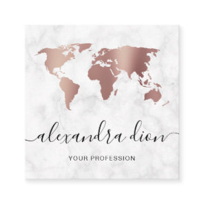 Elegant modern rose gold white marble world map square business card