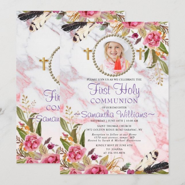 Elegant Modern Roses Blush Photo First Communion Invitation (Front/Back)