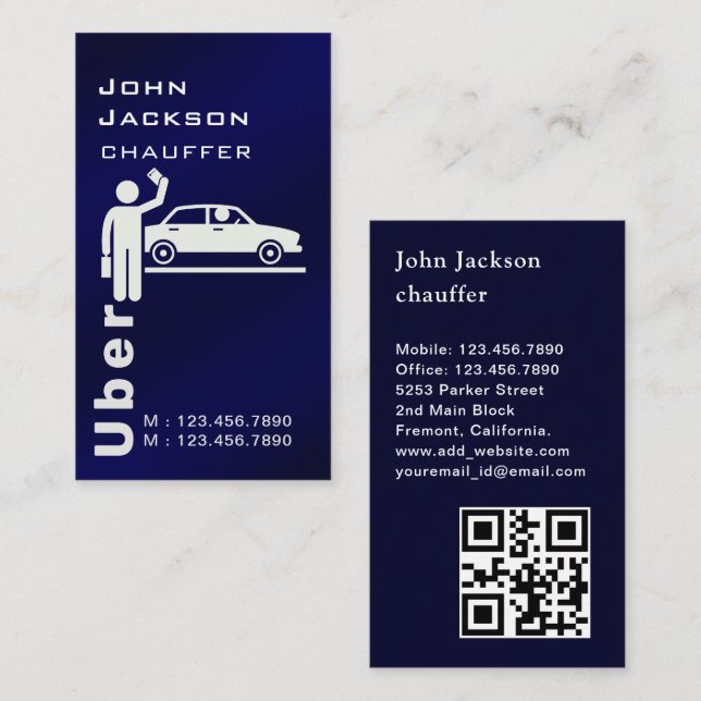 Elegant Modern Royal Blue QR code Chauffeur  Business Card (Front/Back)
