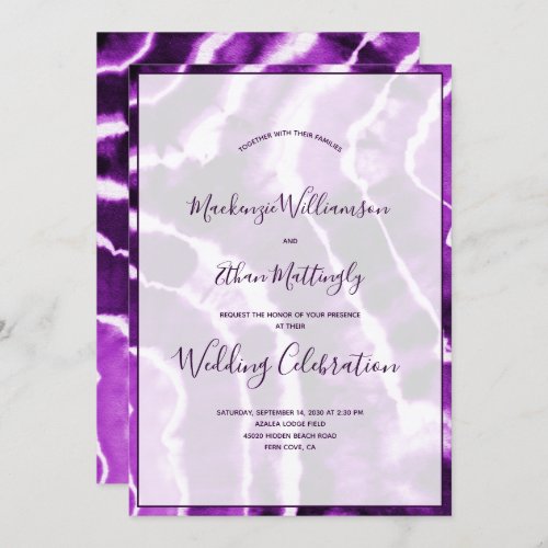 Elegant Modern Royal Purple Marble Tie Dye Wedding Invitation