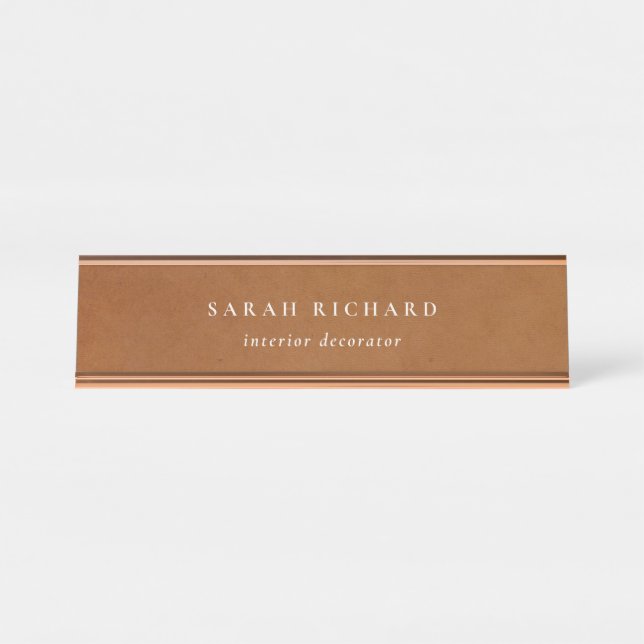 Elegant Modern Rustic Tan Leather Texture Custom Desk Name Plate (Front)