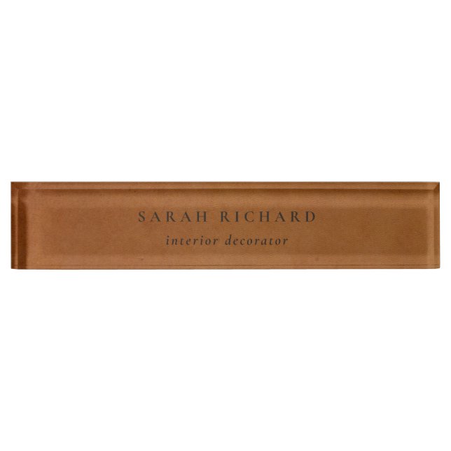 Elegant Modern Rustic Tan Leather Texture Custom Desk Name Plate (Front)