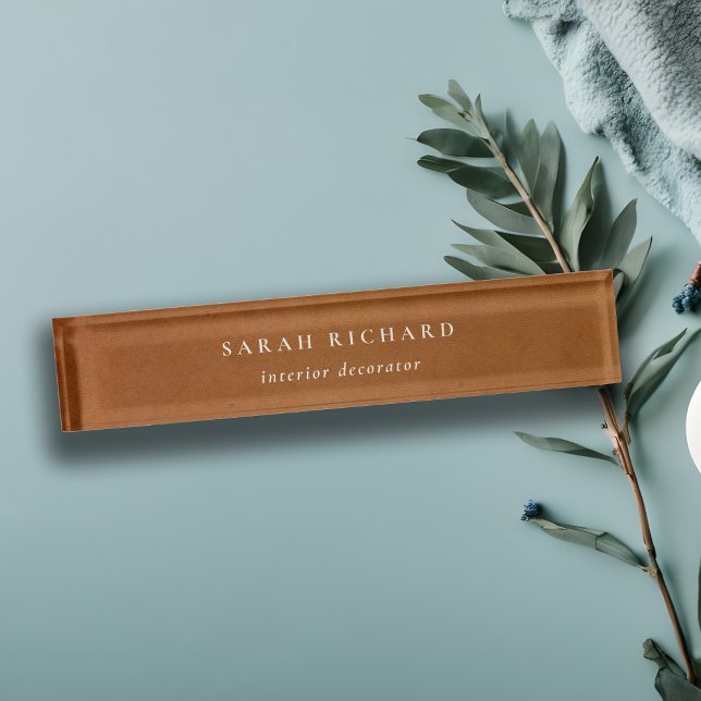 Elegant Modern Rustic Tan Leather Texture Custom Desk Name Plate (Creator Uploaded)