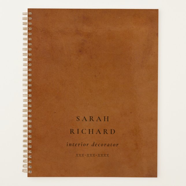 Elegant Modern Rustic Tan Leather Texture Custom Planner (Front)