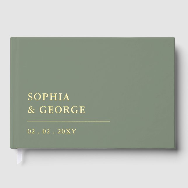 Elegant Modern Sage  and Gold Wedding Foil Guest Book (Front)