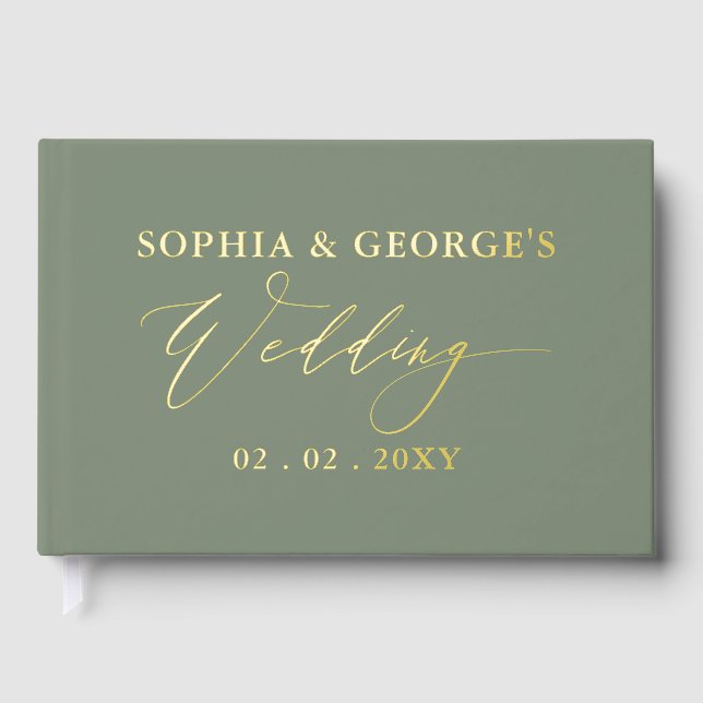 Elegant Modern Sage  and Gold Wedding Foil Guest Book (Front)