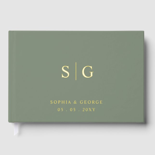 Elegant Modern Sage and Gold Wedding Foil Guest Book (Front)
