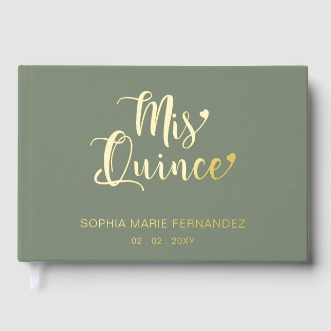 Elegant Modern Sage Gold Photo Quinceañera Foil Guest Book (Front)