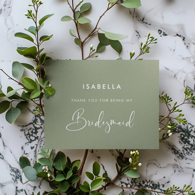 Elegant & Modern Sage Green Bridesmaid Thank You Card | Zazzle