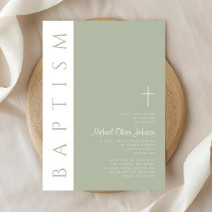 Elegant Modern Sage Green Cross Baptism Invitation