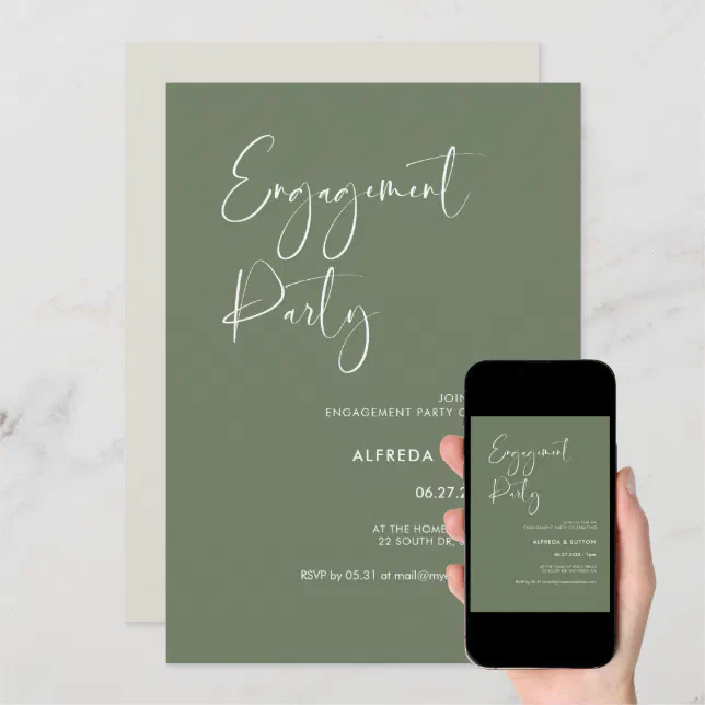 Elegant & modern sage green Engagement party Invitation Zazzle