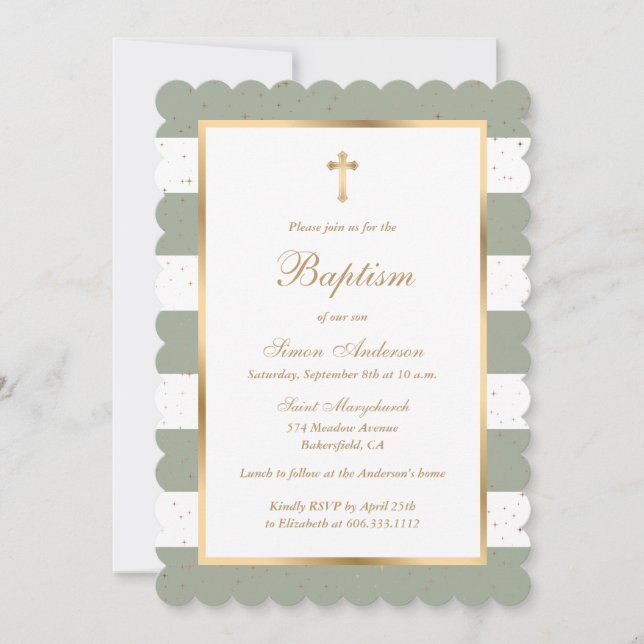 Elegant Modern Sage Green Gold Baptism Invitation (Front)