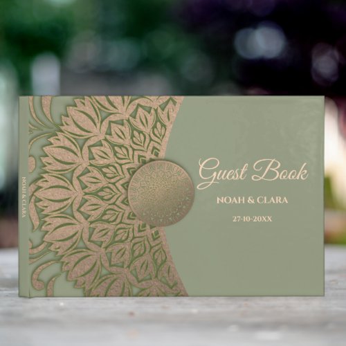 Elegant Modern Sage green  gold classic mandala Guest Book