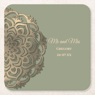 Elegant Modern Sage green & gold classic Square Pa Paper Coaster