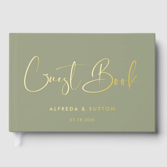 Elegant & modern Sage Green & Gold foil wedding Foil Guest Book (Front)