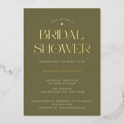 Elegant Modern Sage Green Gold Star Bridal Shower Foil Invitation