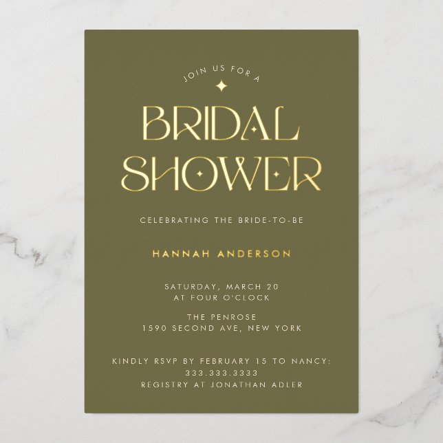 Elegant Modern Sage Green Gold Star Bridal Shower Foil Invitation (Front)