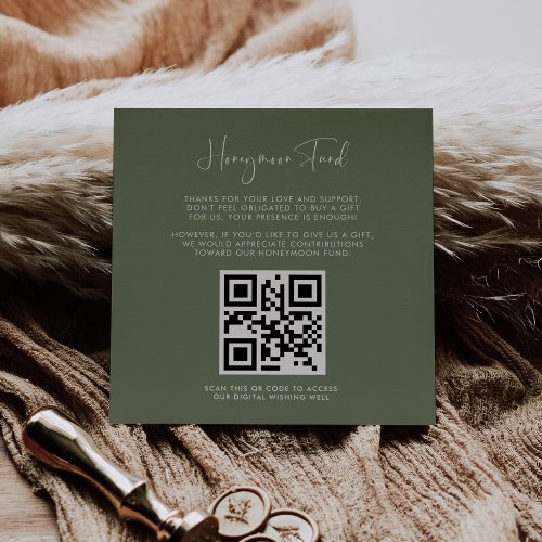 Elegant  modern sage green Honeymoon fund QR code Enclosure Card