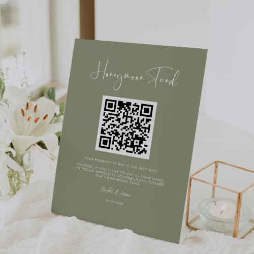 Elegant  modern sage green Honeymoon fund QR code Pedestal Sign