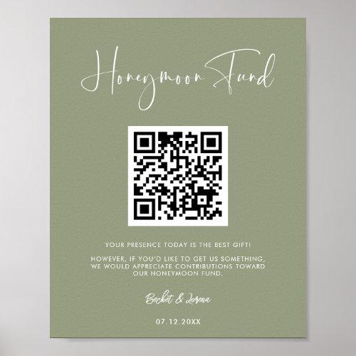 Elegant  modern sage green Honeymoon fund QR code Poster